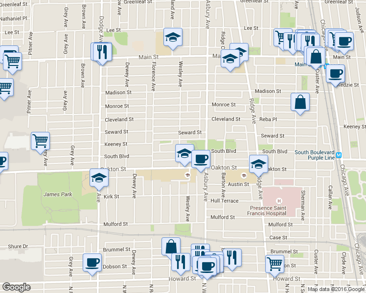 map of restaurants, bars, coffee shops, grocery stores, and more near 600 Asbury Avenue in Evanston