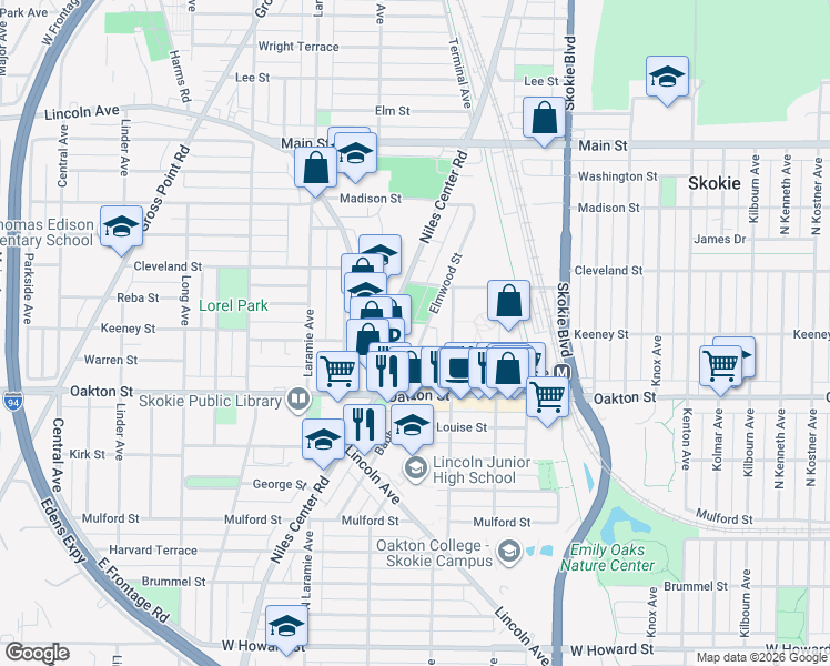 map of restaurants, bars, coffee shops, grocery stores, and more near 8066 Elmwood Avenue in Skokie