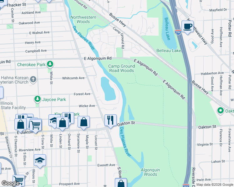 map of restaurants, bars, coffee shops, grocery stores, and more near 2000 Berry Lane in Des Plaines