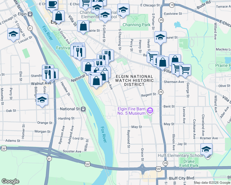 map of restaurants, bars, coffee shops, grocery stores, and more near 251 Bartlett Place in Elgin
