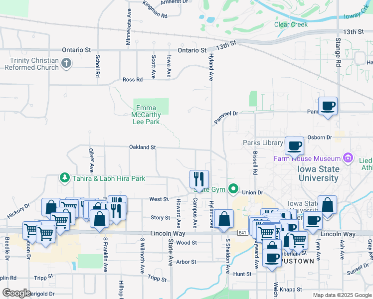 map of restaurants, bars, coffee shops, grocery stores, and more near 3005 Oakland Street in Ames