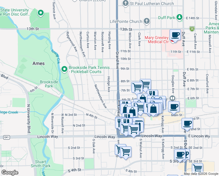 map of restaurants, bars, coffee shops, grocery stores, and more near 724 Hodge Avenue in Ames