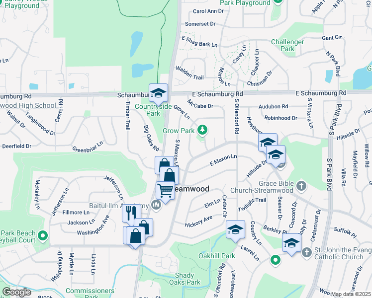 map of restaurants, bars, coffee shops, grocery stores, and more near 120 South Chestnut Drive in Streamwood