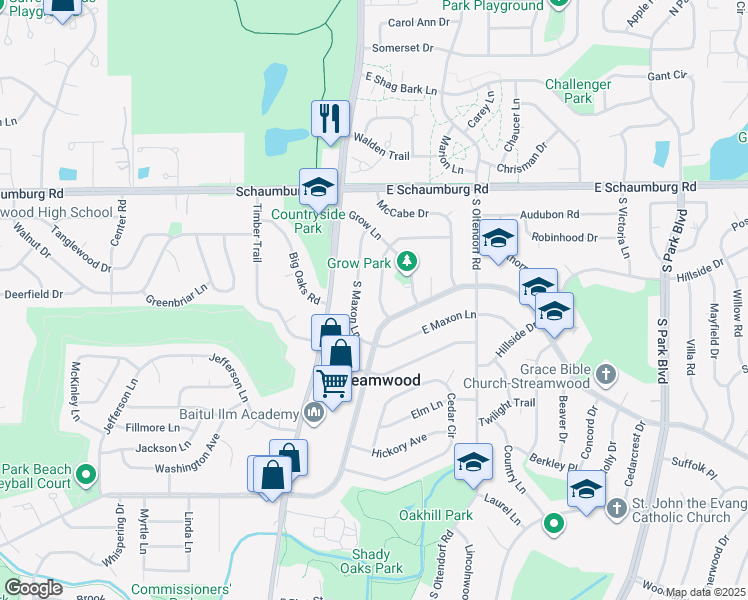 map of restaurants, bars, coffee shops, grocery stores, and more near 120 South Chestnut Drive in Streamwood