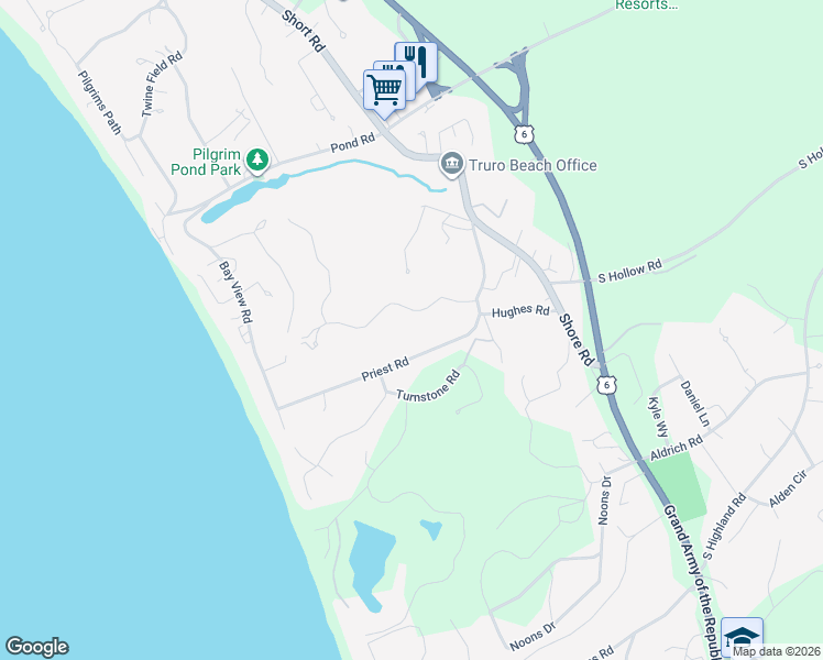 map of restaurants, bars, coffee shops, grocery stores, and more near 14 Sawyer Grove Road in Truro