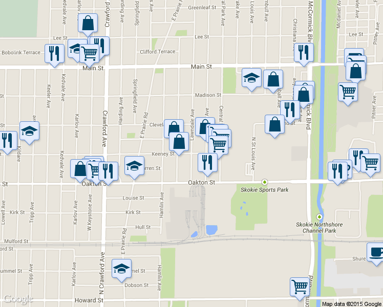 map of restaurants, bars, coffee shops, grocery stores, and more near N Lawndale Ave & Lawndale Ave in Skokie