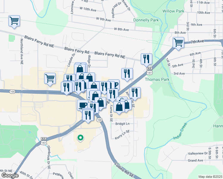 map of restaurants, bars, coffee shops, grocery stores, and more near 850 Twixt Town Road in Cedar Rapids