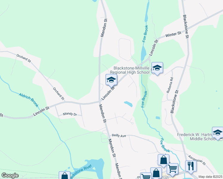 map of restaurants, bars, coffee shops, grocery stores, and more near 200 Lincoln Street in Blackstone