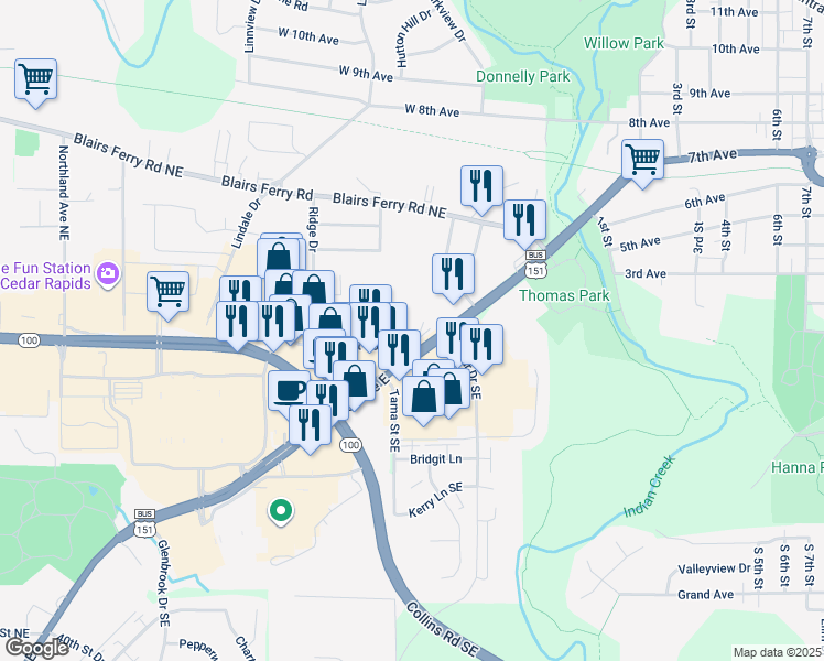map of restaurants, bars, coffee shops, grocery stores, and more near 850 Twixt Town Road in Cedar Rapids