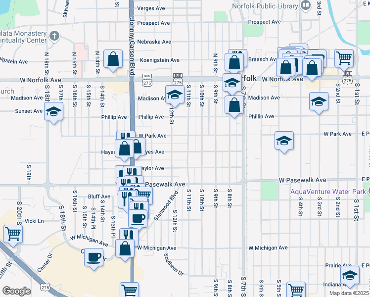 map of restaurants, bars, coffee shops, grocery stores, and more near 450 South 11th Street in Norfolk