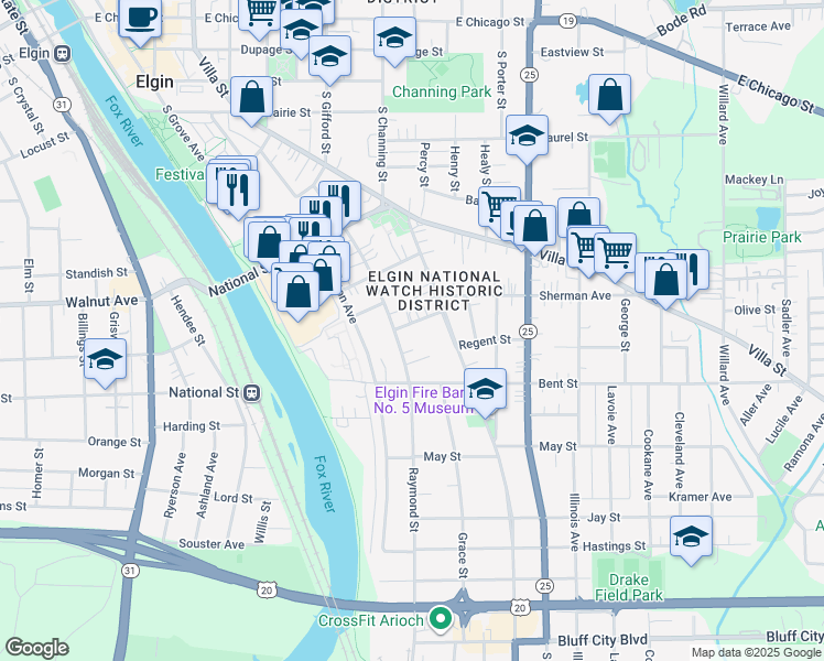 map of restaurants, bars, coffee shops, grocery stores, and more near 363 Yarwood Street in Elgin