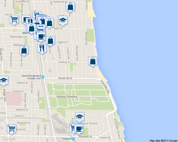 map of restaurants, bars, coffee shops, grocery stores, and more near 551 Sheridan Road in Evanston