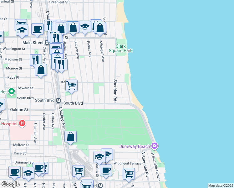 map of restaurants, bars, coffee shops, grocery stores, and more near 551 Sheridan Road in Evanston