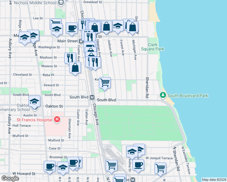 map of restaurants, bars, coffee shops, grocery stores, and more near 608 Judson Avenue in Evanston