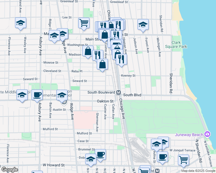 map of restaurants, bars, coffee shops, grocery stores, and more near 554 Callan Avenue in Evanston