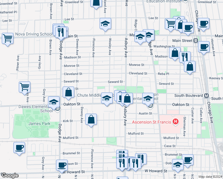 map of restaurants, bars, coffee shops, grocery stores, and more near 600 Asbury Avenue in Evanston