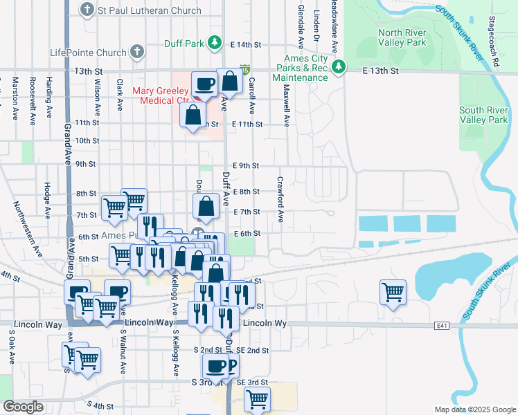 map of restaurants, bars, coffee shops, grocery stores, and more near 711 Carroll Avenue in Ames