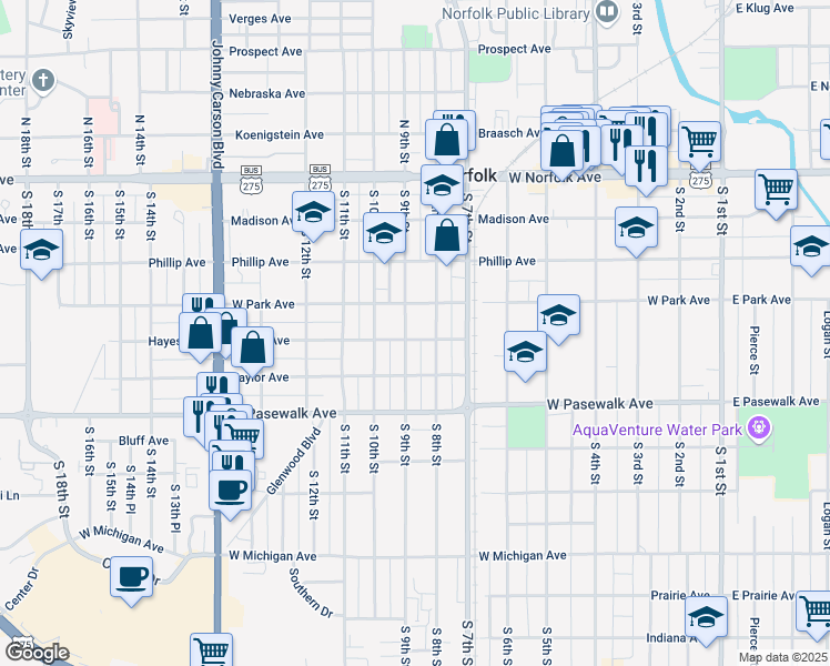 map of restaurants, bars, coffee shops, grocery stores, and more near 407 South 9th Street in Norfolk