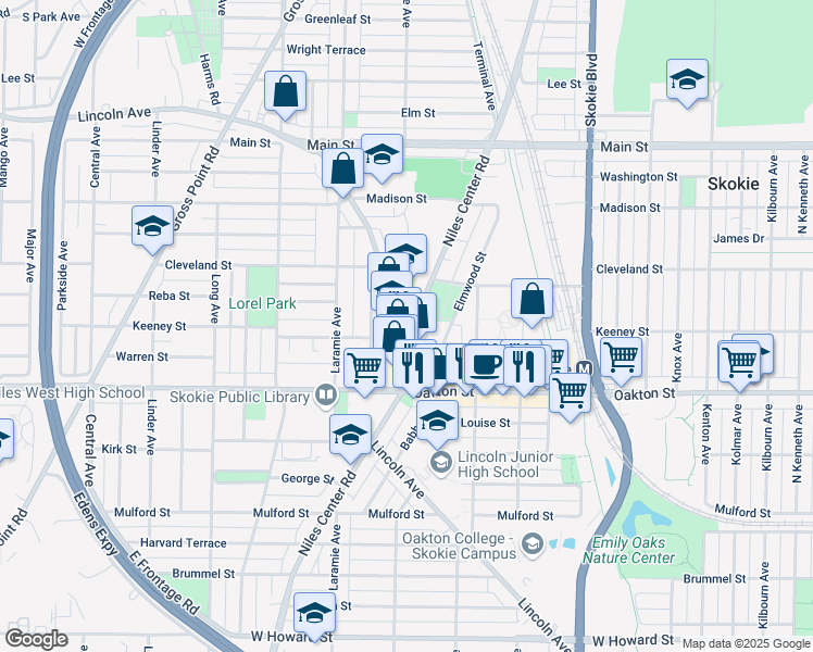 map of restaurants, bars, coffee shops, grocery stores, and more near 8116 Niles Center Road in Skokie