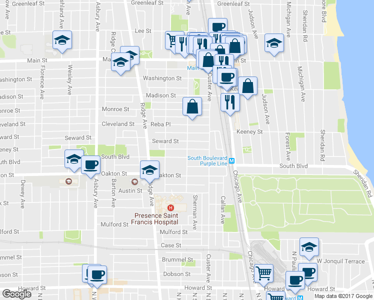 map of restaurants, bars, coffee shops, grocery stores, and more near 552 Sherman Ave in Evanston