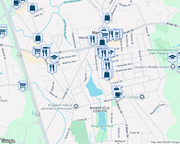 map of restaurants, bars, coffee shops, grocery stores, and more near 130 High Street in Mansfield