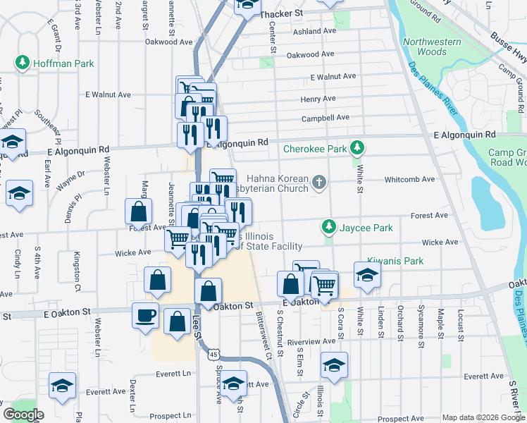 map of restaurants, bars, coffee shops, grocery stores, and more near 1338 Forest Avenue in Des Plaines