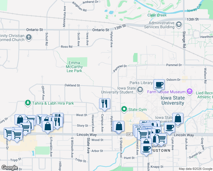 map of restaurants, bars, coffee shops, grocery stores, and more near 2813 Oakland Street in Ames
