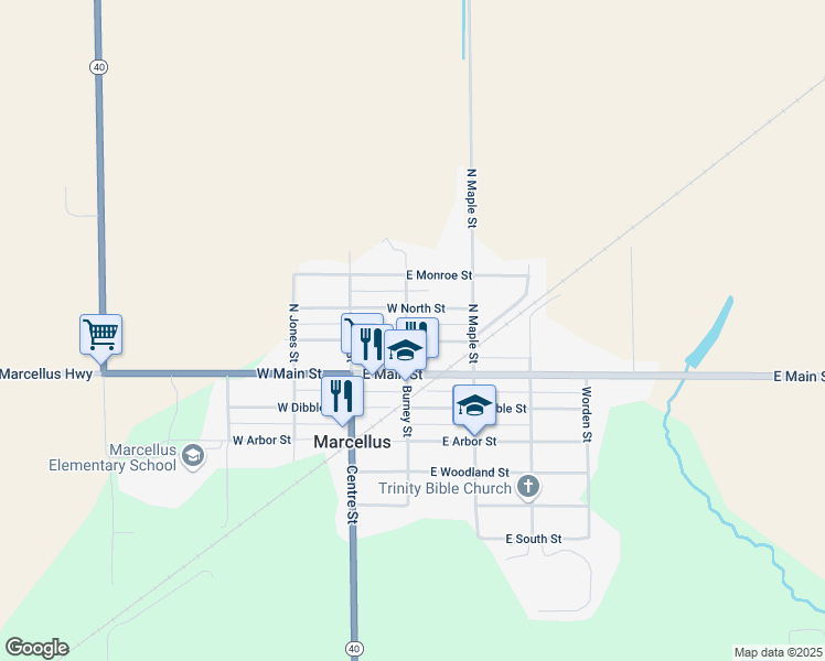 map of restaurants, bars, coffee shops, grocery stores, and more near 285 Burney Street in Marcellus