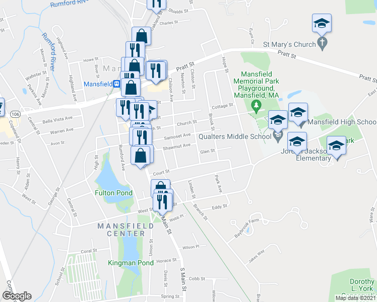 map of restaurants, bars, coffee shops, grocery stores, and more near 57 Shawmut Avenue in Mansfield