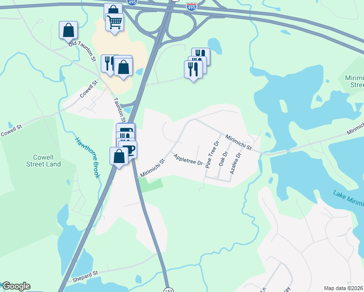 map of restaurants, bars, coffee shops, grocery stores, and more near 11 Mirimichi Street in Plainville
