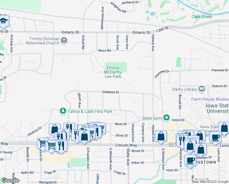 map of restaurants, bars, coffee shops, grocery stores, and more near 3207 Oakland Street in Ames