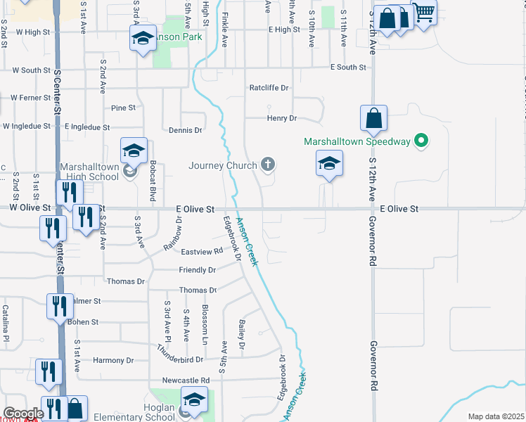 map of restaurants, bars, coffee shops, grocery stores, and more near 700 East Olive Street in Marshalltown