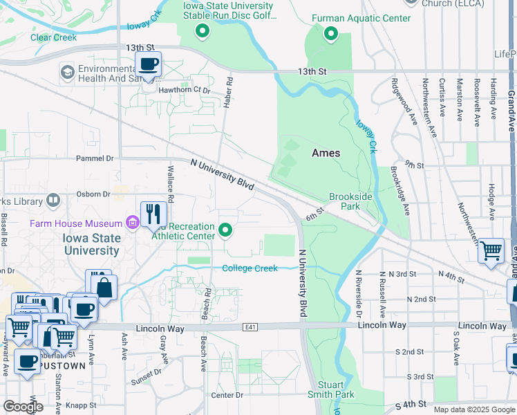 map of restaurants, bars, coffee shops, grocery stores, and more near in Ames