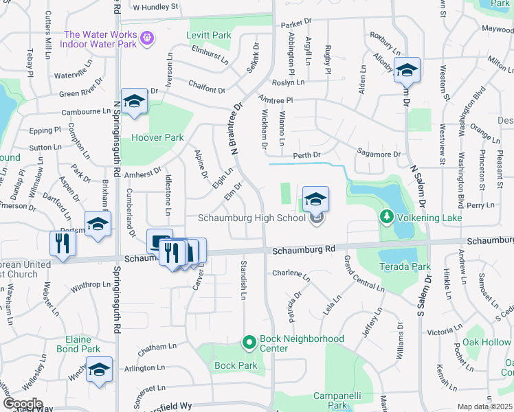 map of restaurants, bars, coffee shops, grocery stores, and more near 107 North Braintree Drive in Schaumburg