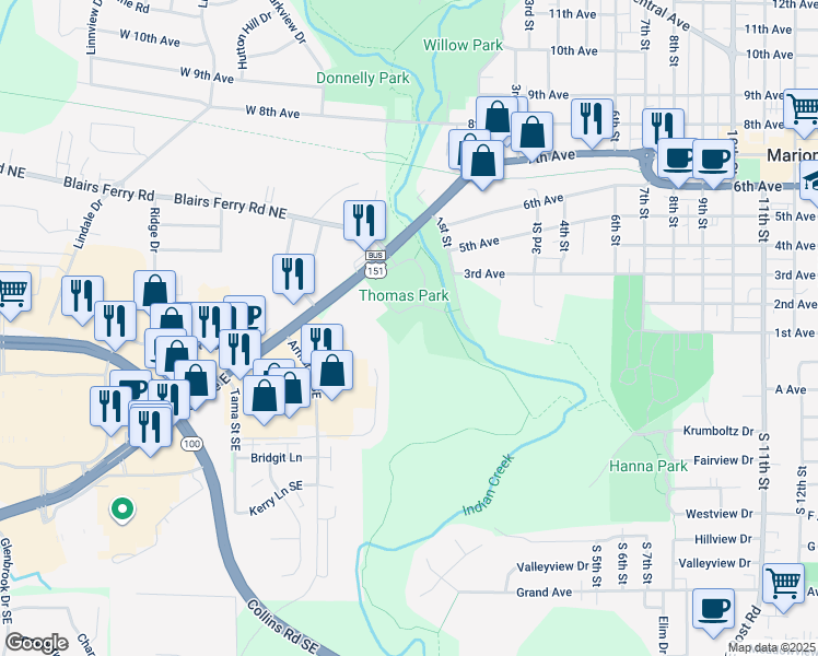 map of restaurants, bars, coffee shops, grocery stores, and more near 343 Marion Boulevard in Marion