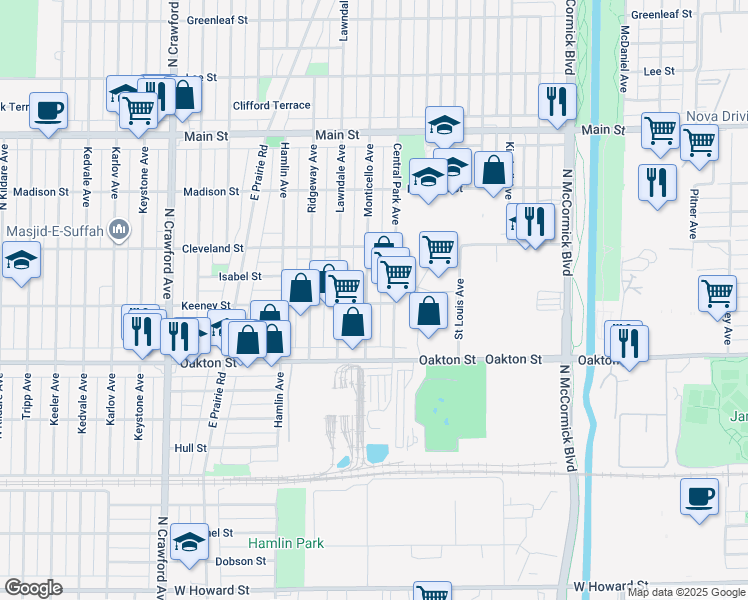 map of restaurants, bars, coffee shops, grocery stores, and more near 8110 Monticello Avenue in Skokie