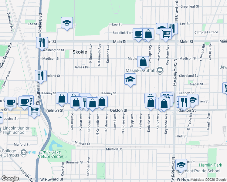 map of restaurants, bars, coffee shops, grocery stores, and more near 8100 Lowell Ave in Skokie