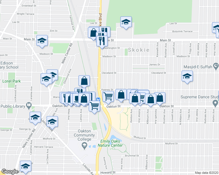 map of restaurants, bars, coffee shops, grocery stores, and more near 8112 Kilpatrick Avenue in Skokie