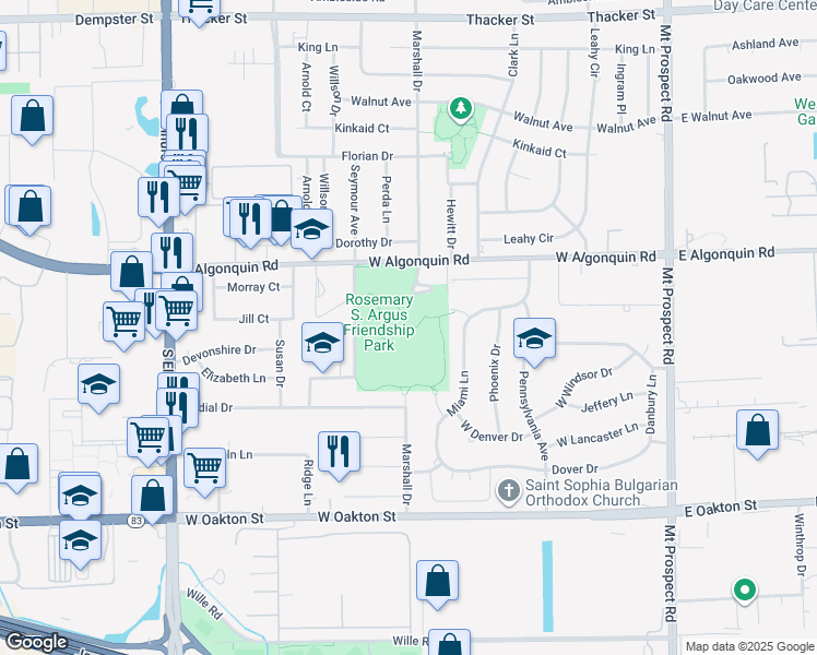 map of restaurants, bars, coffee shops, grocery stores, and more near Friendship Park Trail in Des Plaines