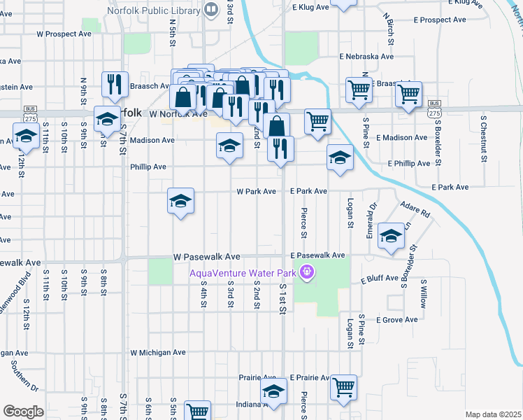 map of restaurants, bars, coffee shops, grocery stores, and more near 411 South 2nd Street in Norfolk