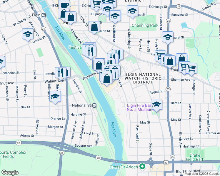 map of restaurants, bars, coffee shops, grocery stores, and more near 9 National Street in Elgin