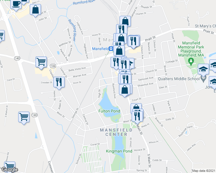 map of restaurants, bars, coffee shops, grocery stores, and more near 122 Rumford Avenue in Mansfield