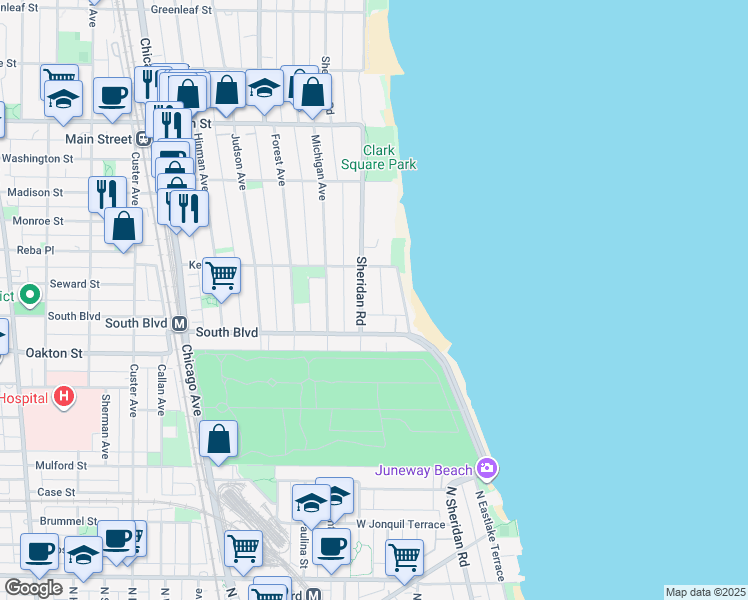 map of restaurants, bars, coffee shops, grocery stores, and more near 551 Sheridan Road in Evanston