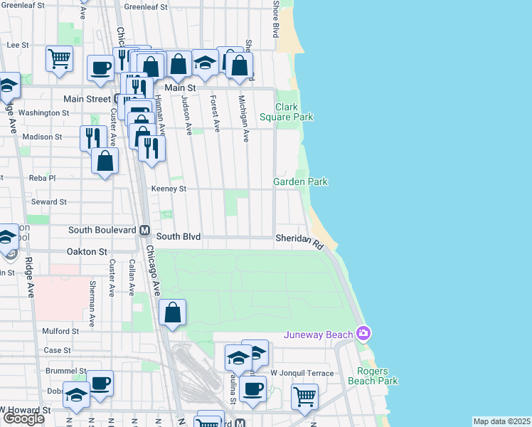 map of restaurants, bars, coffee shops, grocery stores, and more near 551 Sheridan Road in Evanston
