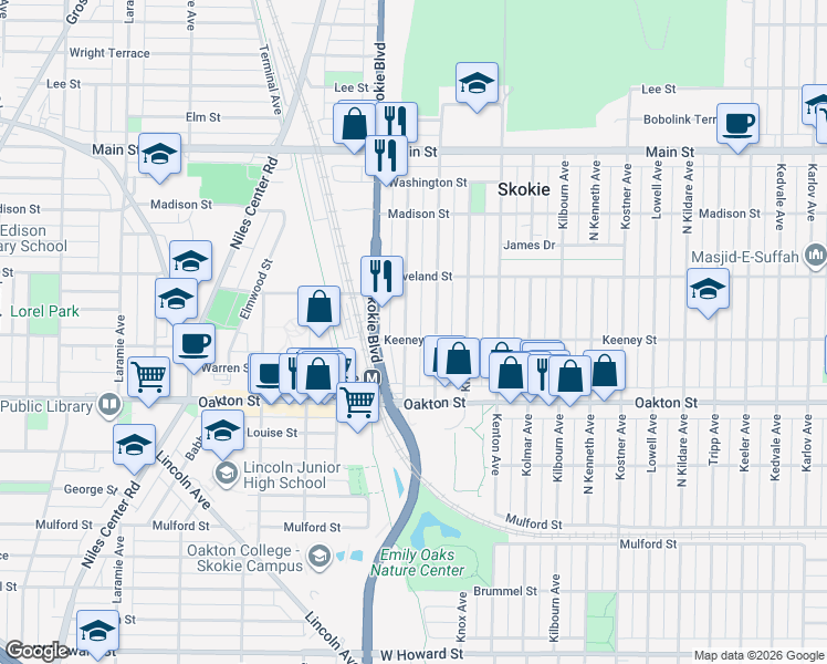 map of restaurants, bars, coffee shops, grocery stores, and more near 8112 Kilpatrick Avenue in Skokie