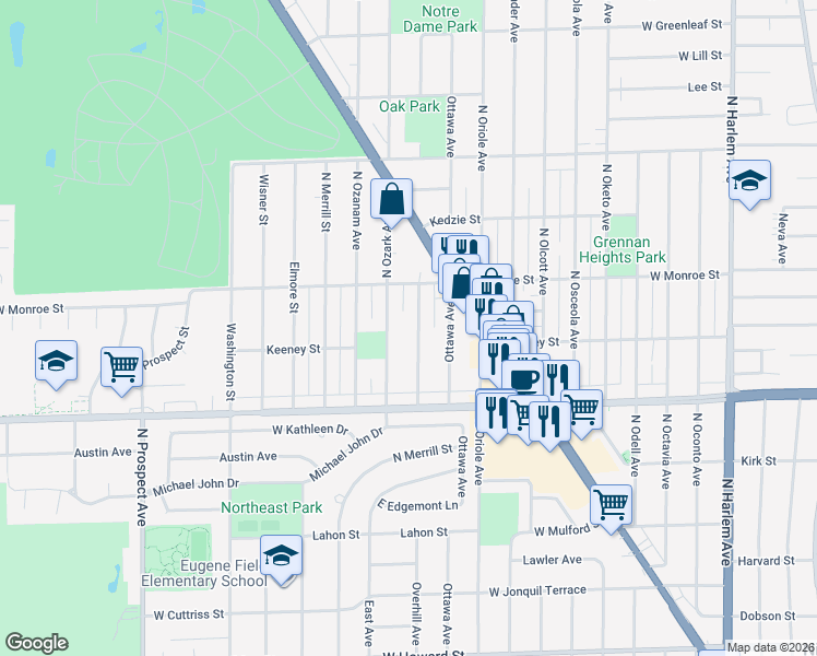 map of restaurants, bars, coffee shops, grocery stores, and more near 8122 North Overhill Avenue in Niles