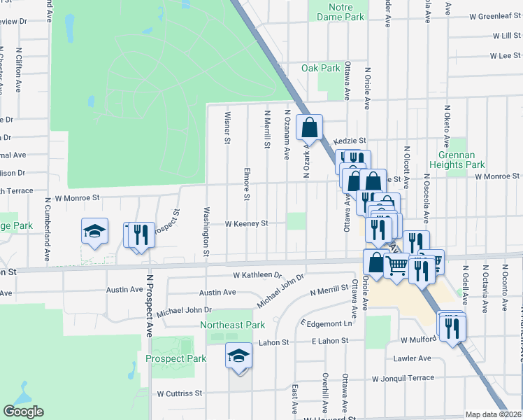 map of restaurants, bars, coffee shops, grocery stores, and more near 8123 North Merrill Street in Niles
