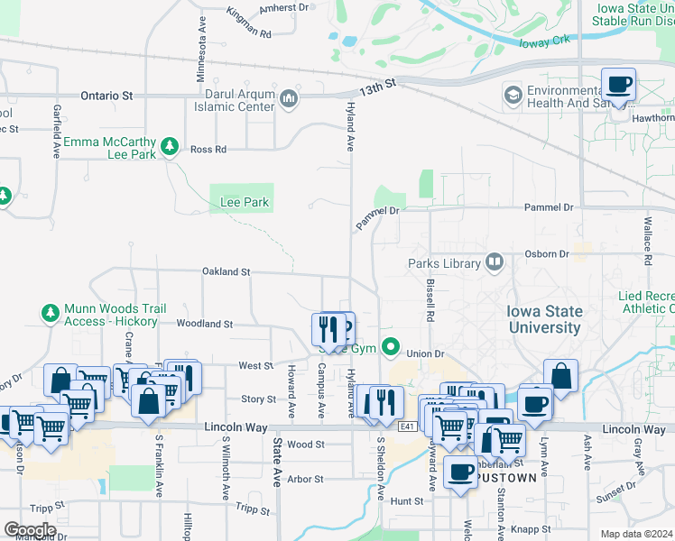 map of restaurants, bars, coffee shops, grocery stores, and more near 2901 Oakland Street in Ames