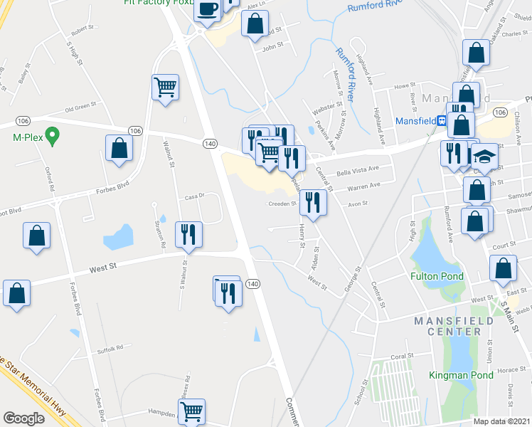 map of restaurants, bars, coffee shops, grocery stores, and more near 76 Creeden Street in Mansfield