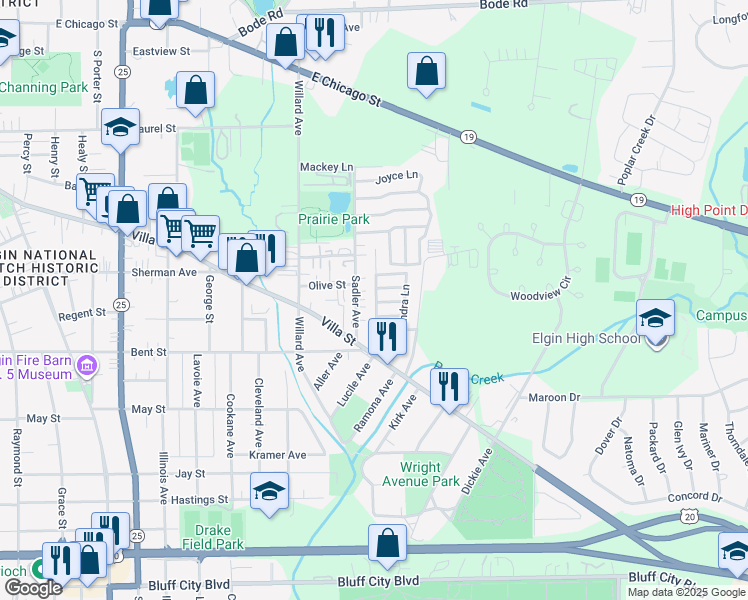 map of restaurants, bars, coffee shops, grocery stores, and more near 414 Lucile Avenue in Elgin